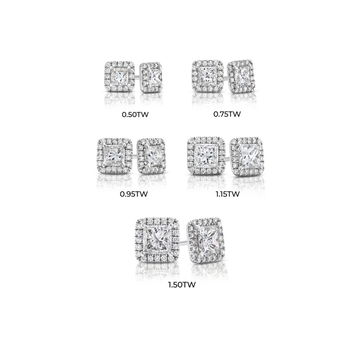 Halo Princess Diamond Stud Earrings In White Gold 14K
