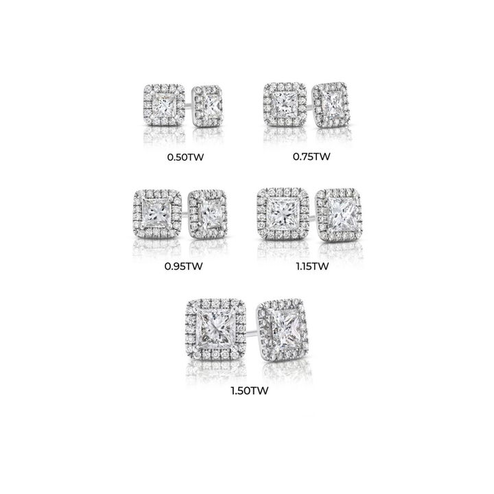 Halo Princess Diamond Stud Earrings In White Gold 14K