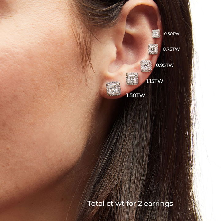 Halo Princess Diamond Stud Earrings In White Gold 14K