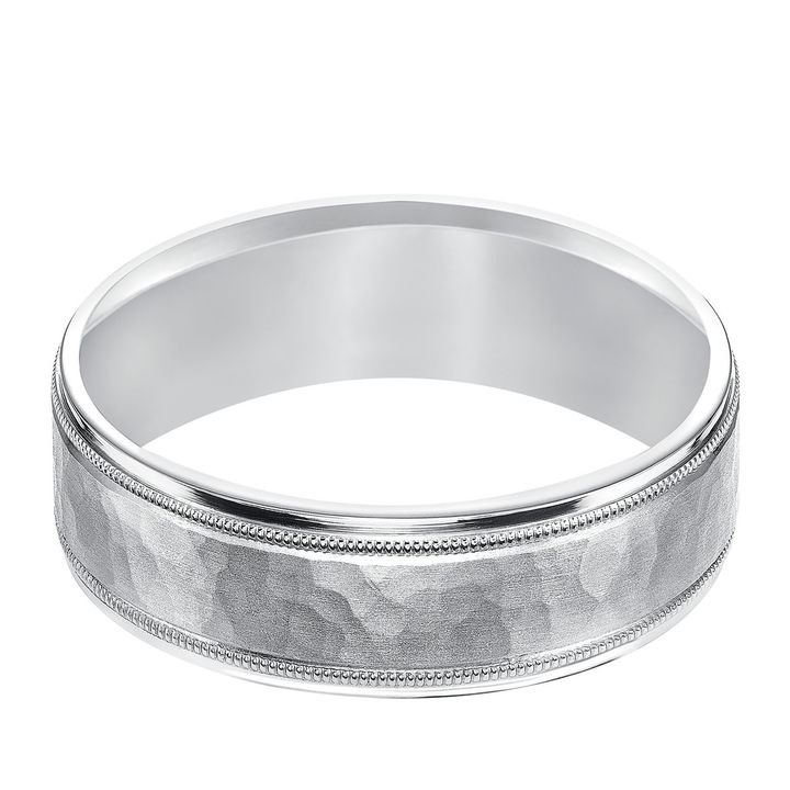White Gold 14K Hammered Milgrain 7mm Wedding Band