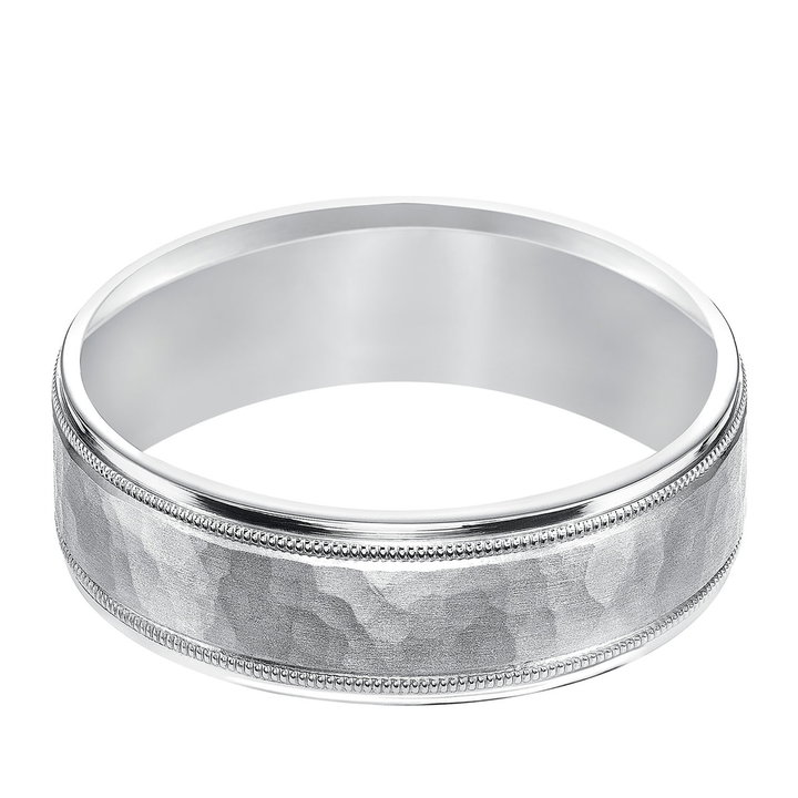 Hammered Milgrain 7mm Wedding Band In White Gold 14K