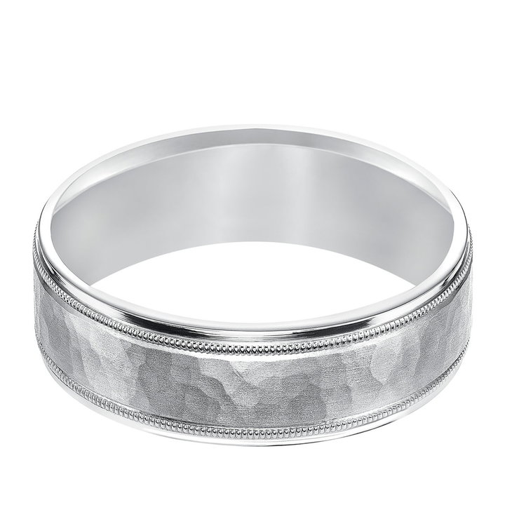 Hammered Milgrain 7mm Wedding Band In White Gold 14K