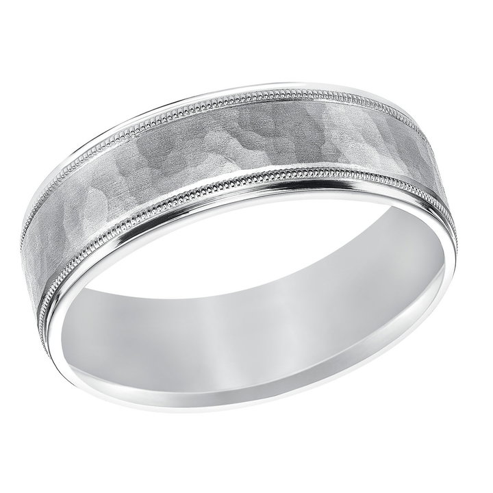 Hammered Milgrain 7mm Wedding Band In White Gold 14K