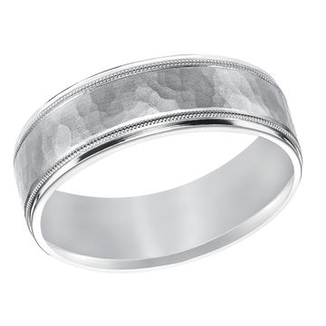 Hammered Milgrain 7mm Wedding Band In White Gold 14K