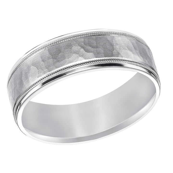 Hammered Milgrain 7mm Wedding Band In White Gold 14K