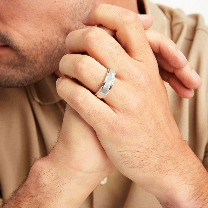 White Gold 14K Bead Textured 7mm Wedding Band