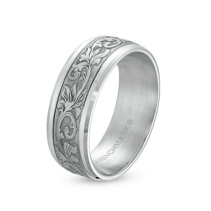 White Gold 14K Carved Filigree 8mm Wedding Band