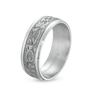 Carved Filigree 8mm Wedding Band In White Gold 14K