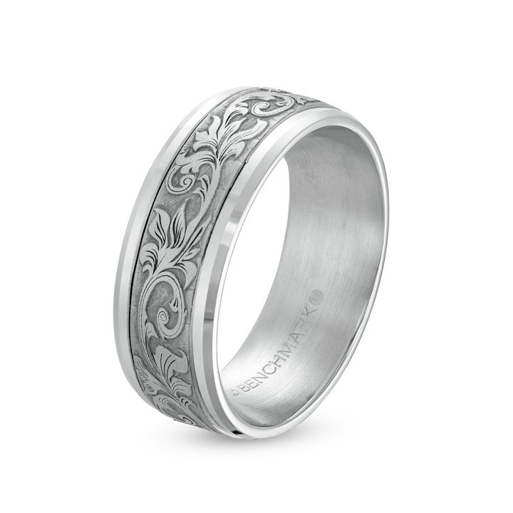 Carved Filigree 8mm Wedding Band In White Gold 14K