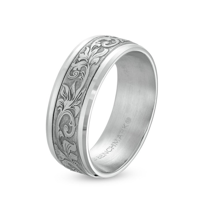 Carved Filigree 8mm Wedding Band In White Gold 14K