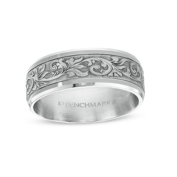 Carved Filigree 8mm Wedding Band In White Gold 14K