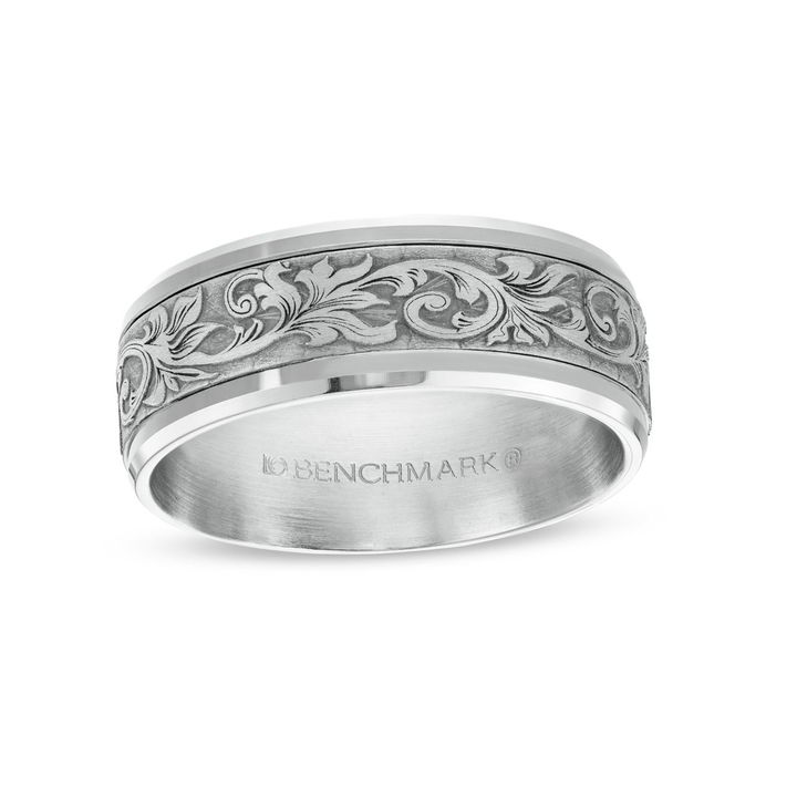Carved Filigree 8mm Wedding Band In White Gold 14K