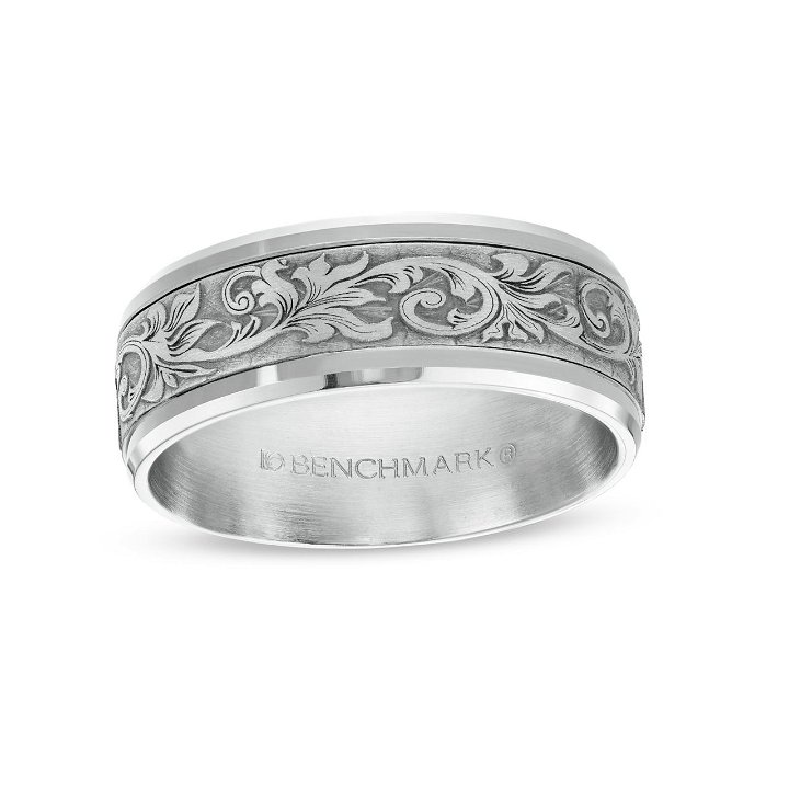 White Gold 14K Carved Filigree 8mm Wedding Band