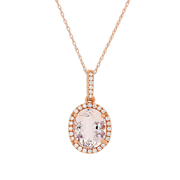 Morganite and Diamond Halo Pendant In Rose Gold 14K