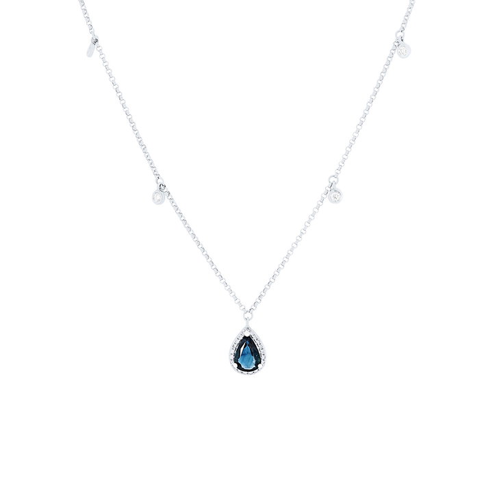 Sapphire and Diamond Station Necklace In Solid 14K White Gold