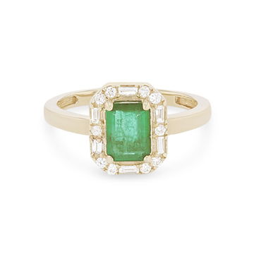 Emerald and Mixed Diamond Halo Ring