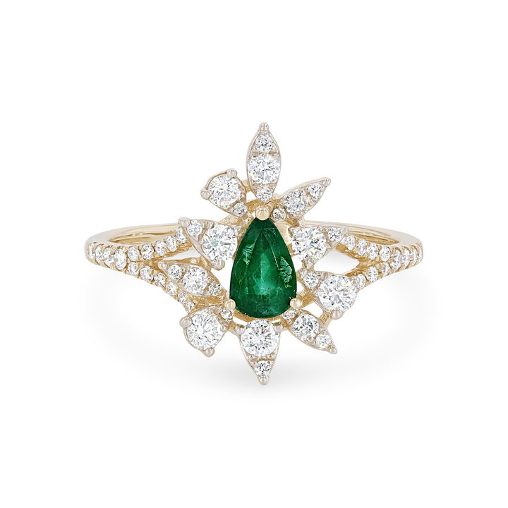 Yellow Gold 14K Emerald and Diamond Abstract Halo Ring