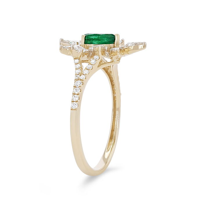 Yellow Gold 14K Emerald and Diamond Abstract Halo Ring