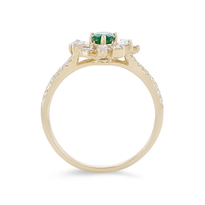 Yellow Gold 14K Emerald and Diamond Abstract Halo Ring
