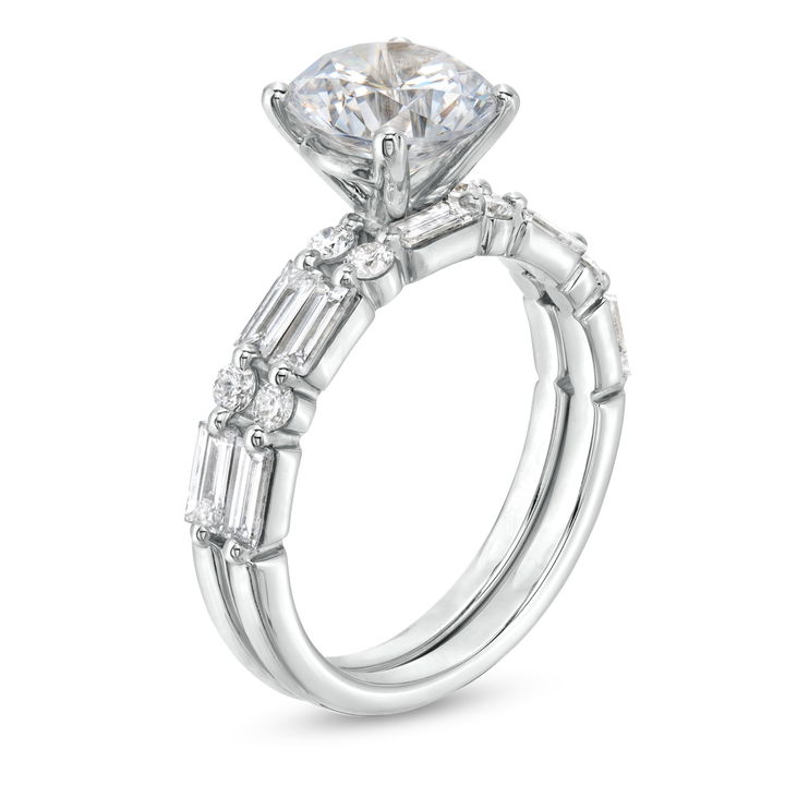 White Gold 14K Alternating Baguette and Round Diamond Wedding Band by Diamonds Direct Designs