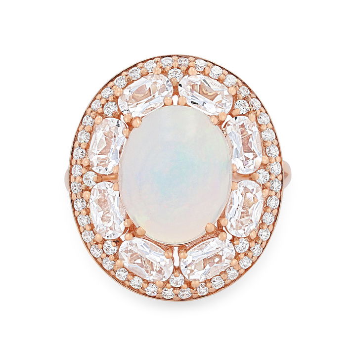 Rose Gold 14K Opal and Morganite Halo Ring