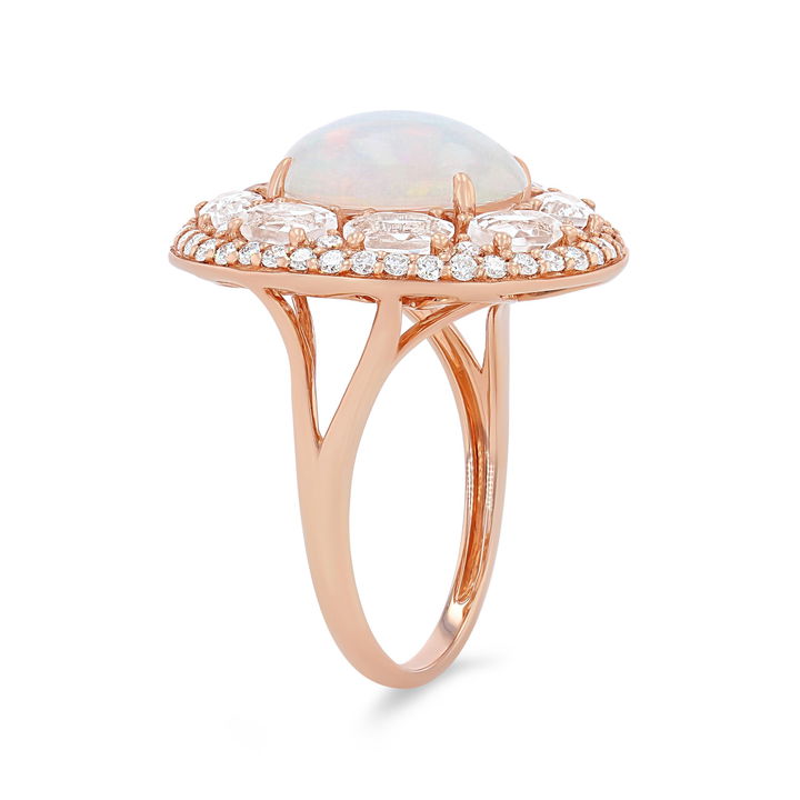 Rose Gold 14K Opal and Morganite Halo Ring