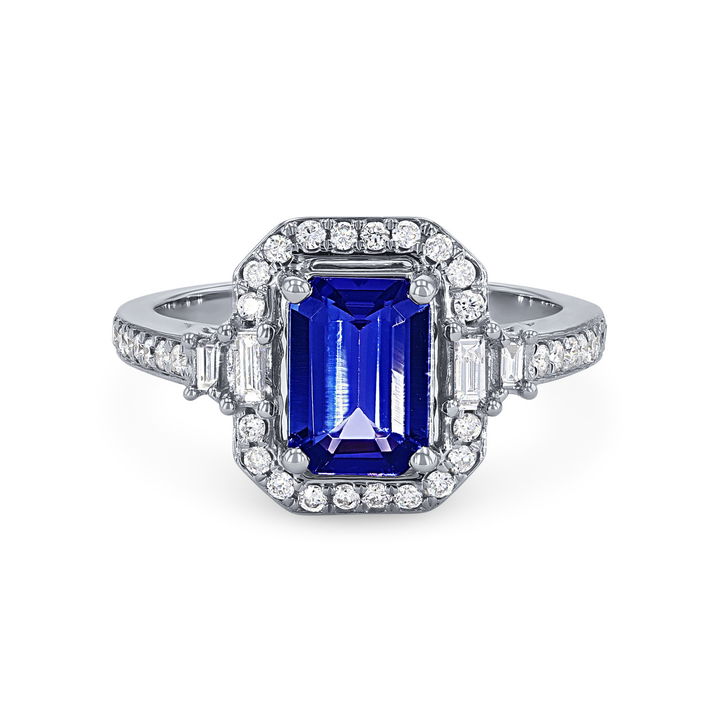 White Gold 14K Tanzanite and Diamond Halo Ring