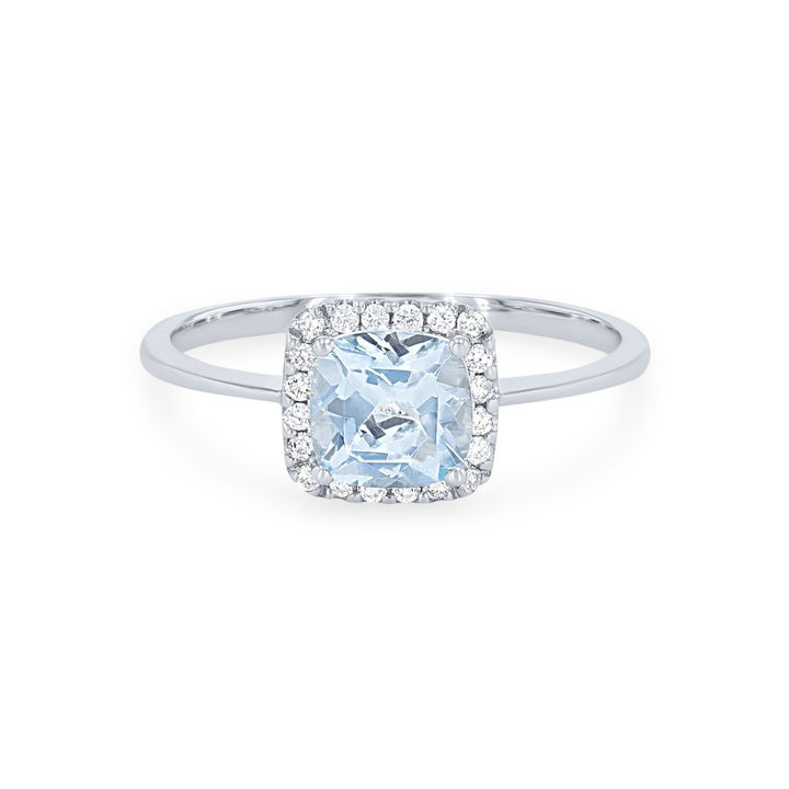 White Gold 14K Aquamarine and Diamond Cushion Halo Ring