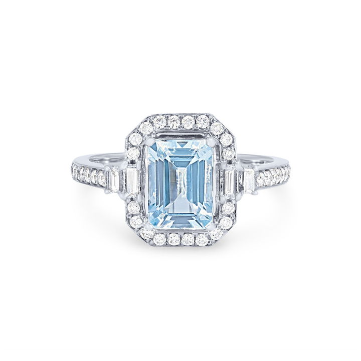 White Gold 14K Aquamarine and Diamond Emerald Halo Ring
