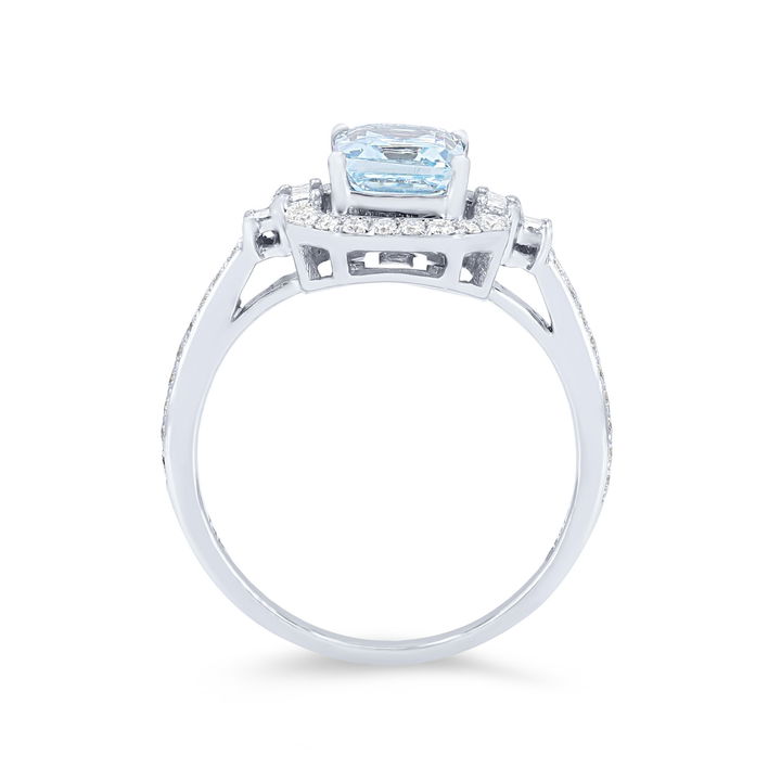 White Gold 14K Aquamarine and Diamond Emerald Halo Ring