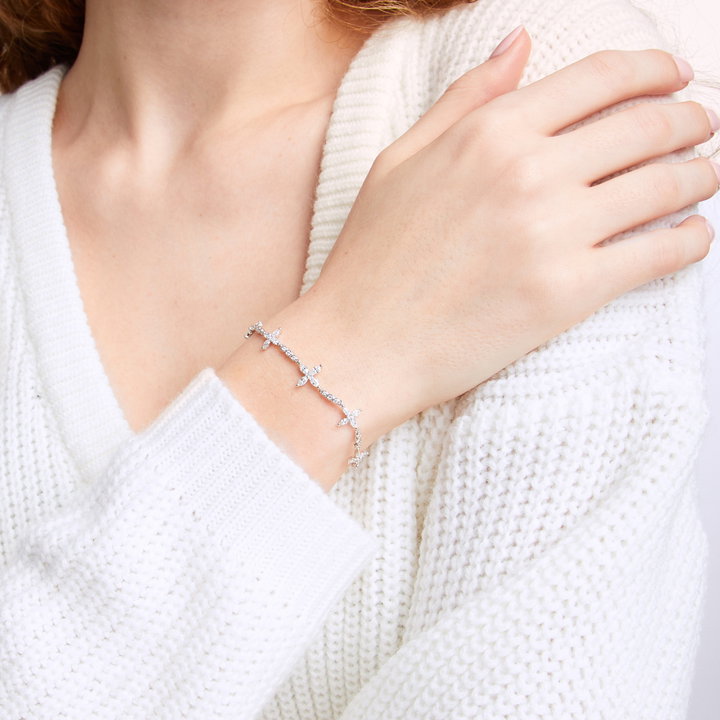 Marquise and Round Diamond Station Bracelet In Solid 14K White Gold