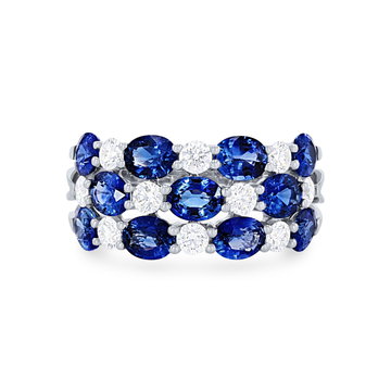 Uneek Three Row Alternating Sapphire and Diamond Ring In Solid 18K White Gold