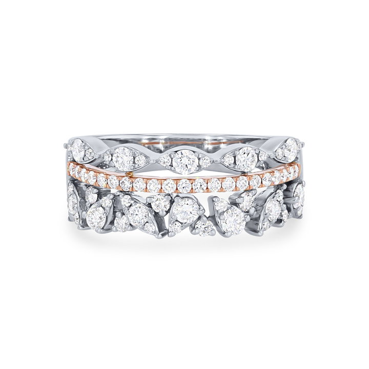 Uneek Three Row Diamond Stackable Ring In White And Yellow Gold 14K