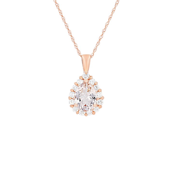 Pear Morganite and Diamond Halo Pendant In Rose Gold 14K