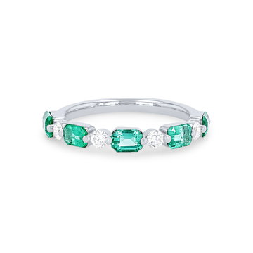 Uneek Single Prong Alternating Green Emerald and Diamond Wedding Band In White Gold 18K