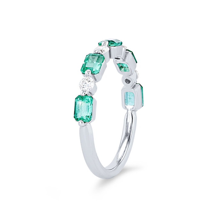 Uneek Single Prong Alternating Green Emerald and Diamond Wedding Band In White Gold 18K