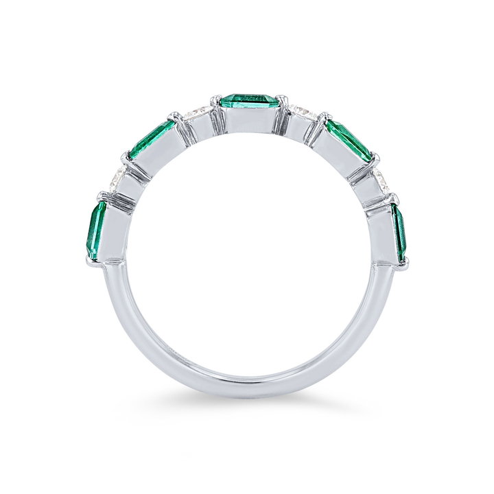 Uneek Single Prong Alternating Green Emerald and Diamond Wedding Band In White Gold 18K