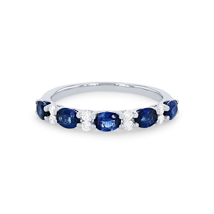 Uneek Oval Sapphire and Diamond Alternating Wedding Band In Solid 14K White Gold