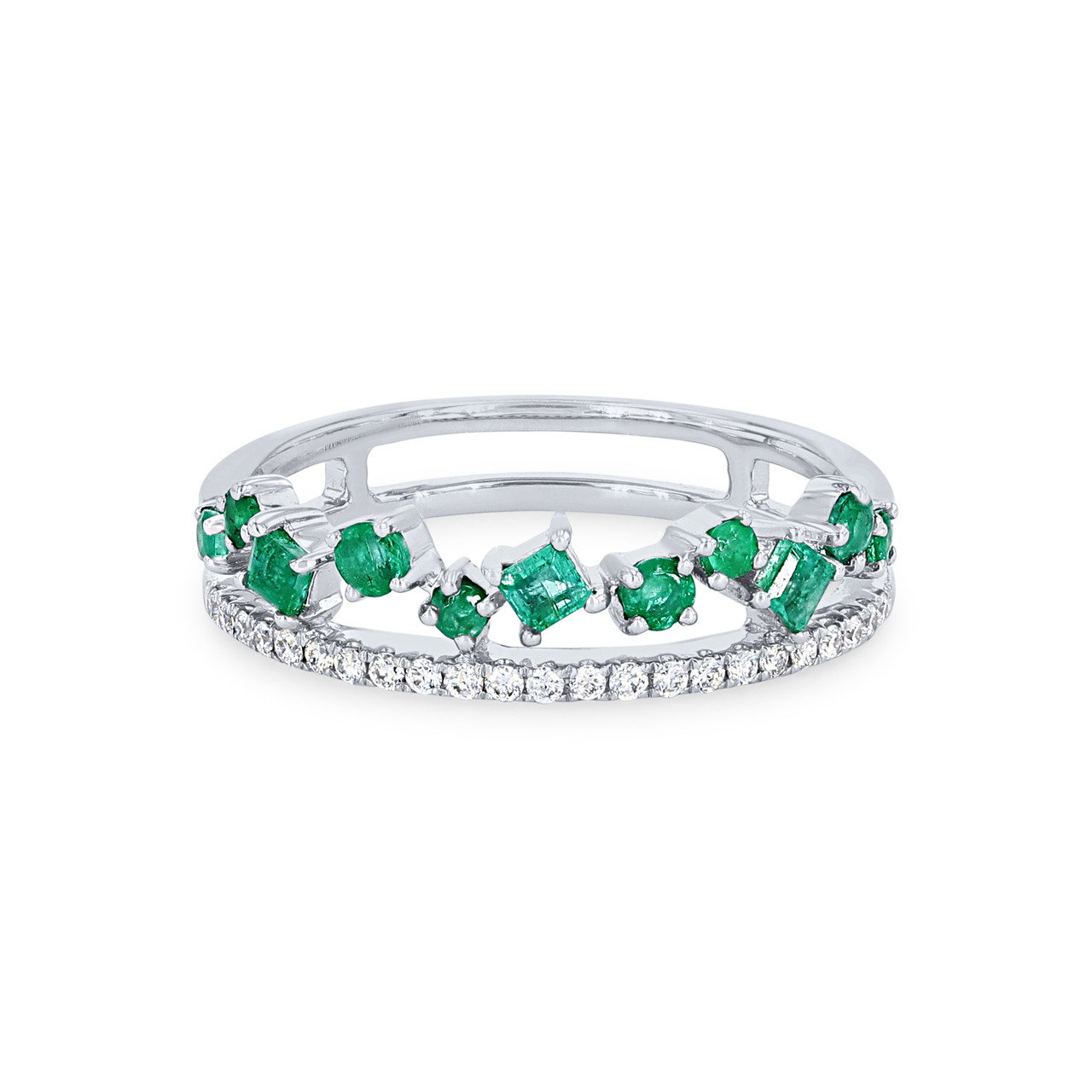 Uneek Green Emerald and Diamond Two Row Stackable Wedding Band 0