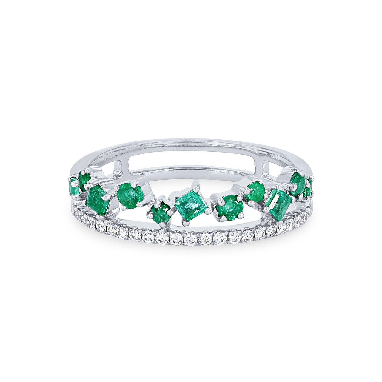Uneek Green Emerald and Diamond Two Row Stackable Wedding Band 0
