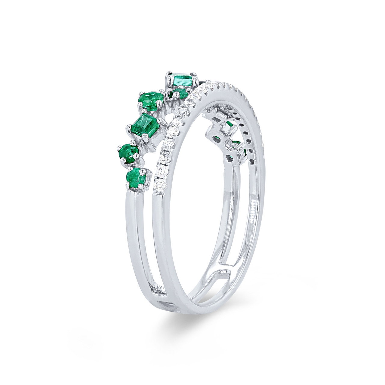 Uneek Green Emerald and Diamond Two Row Stackable Wedding Band 1