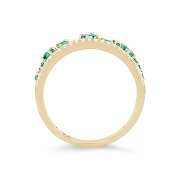 Uneek Green Emerald and Diamond Two Row Stackable Wedding Band In Yellow Gold 14K