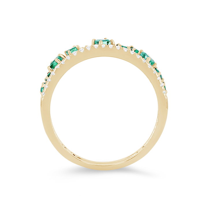 Uneek Green Emerald and Diamond Two Row Stackable Wedding Band In Yellow Gold 14K