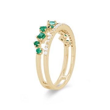 Uneek Green Emerald and Diamond Two Row Stackable Wedding Band In Yellow Gold 14K