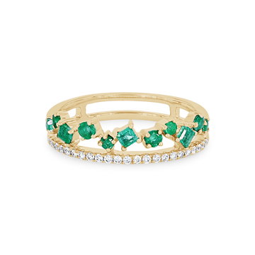 Uneek Green Emerald and Diamond Two Row Stackable Wedding Band In Yellow Gold 14K