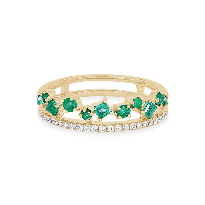 Uneek Green Emerald and Diamond Two Row Stackable Wedding Band In Yellow Gold 14K