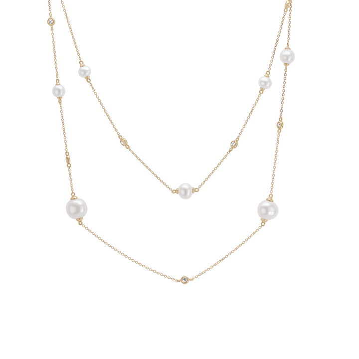 Pearl and Diamond Bezel Tin Cup Necklace In Yellow Gold 14K