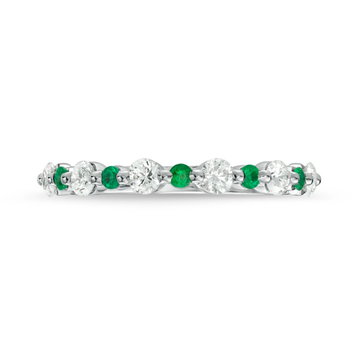 Alternating Diamond and Green Emerald Wedding Band In White Gold 14K