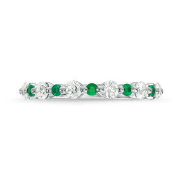 Alternating Diamond and Green Emerald Wedding Band In White Gold 14K