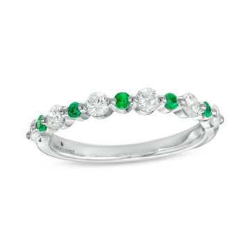 Alternating Diamond and Green Emerald Wedding Band In White Gold 14K